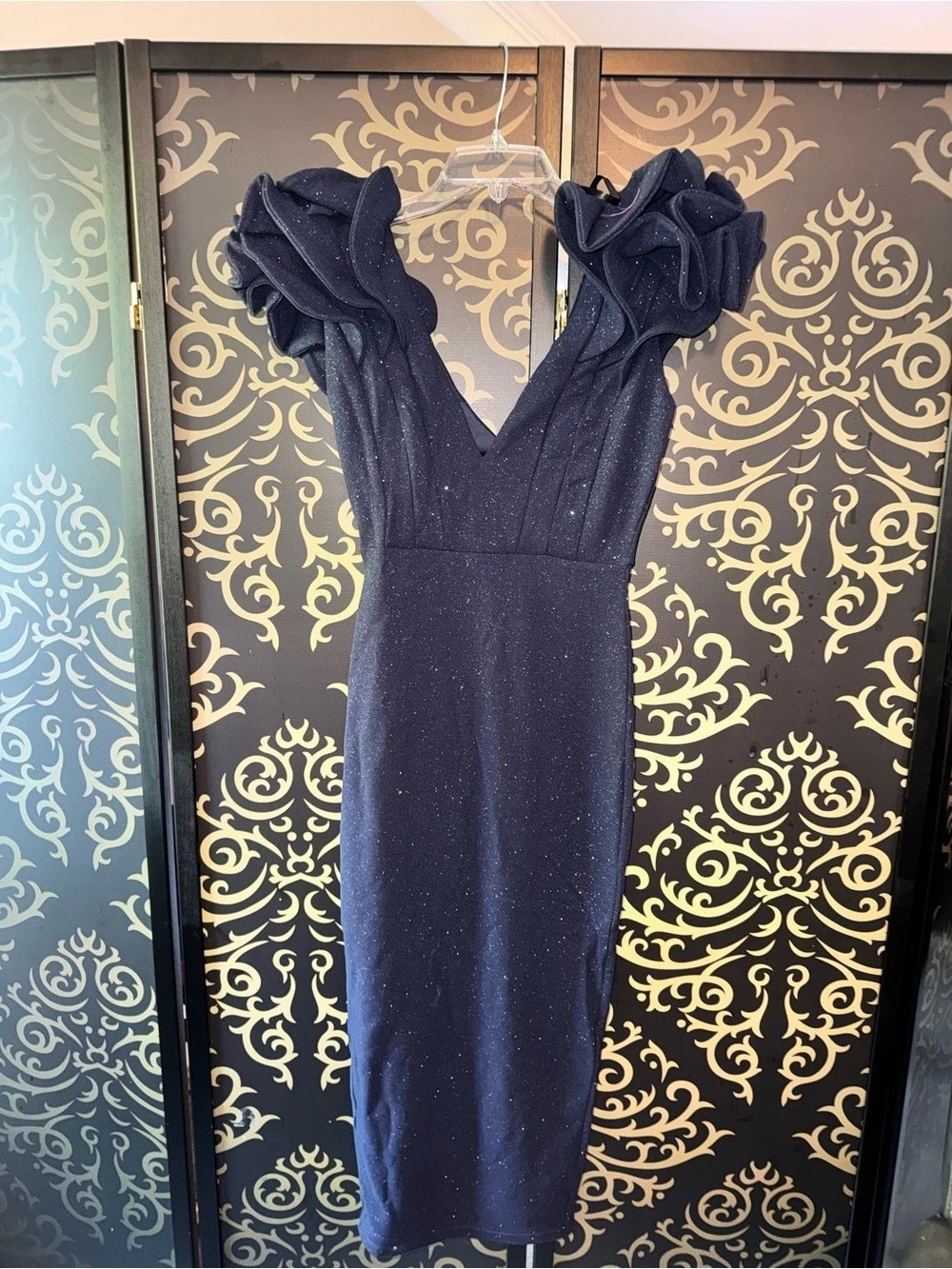 Fashion Nova Cocktail Hour Glitter Midi Dress Glitter Ruffle Maxi Dress in Blue